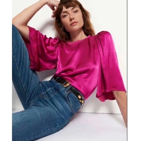 Nation LTD Blouse Womens XL Shirt Donna Bell Sleeve Top Miss Magenta Silky Satin - Picture 1 of 11